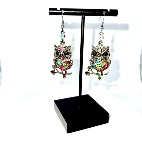 Fashion Jewelry Owl Multiple Color Gemstones Dangle Earrings - Picture 1 of 4